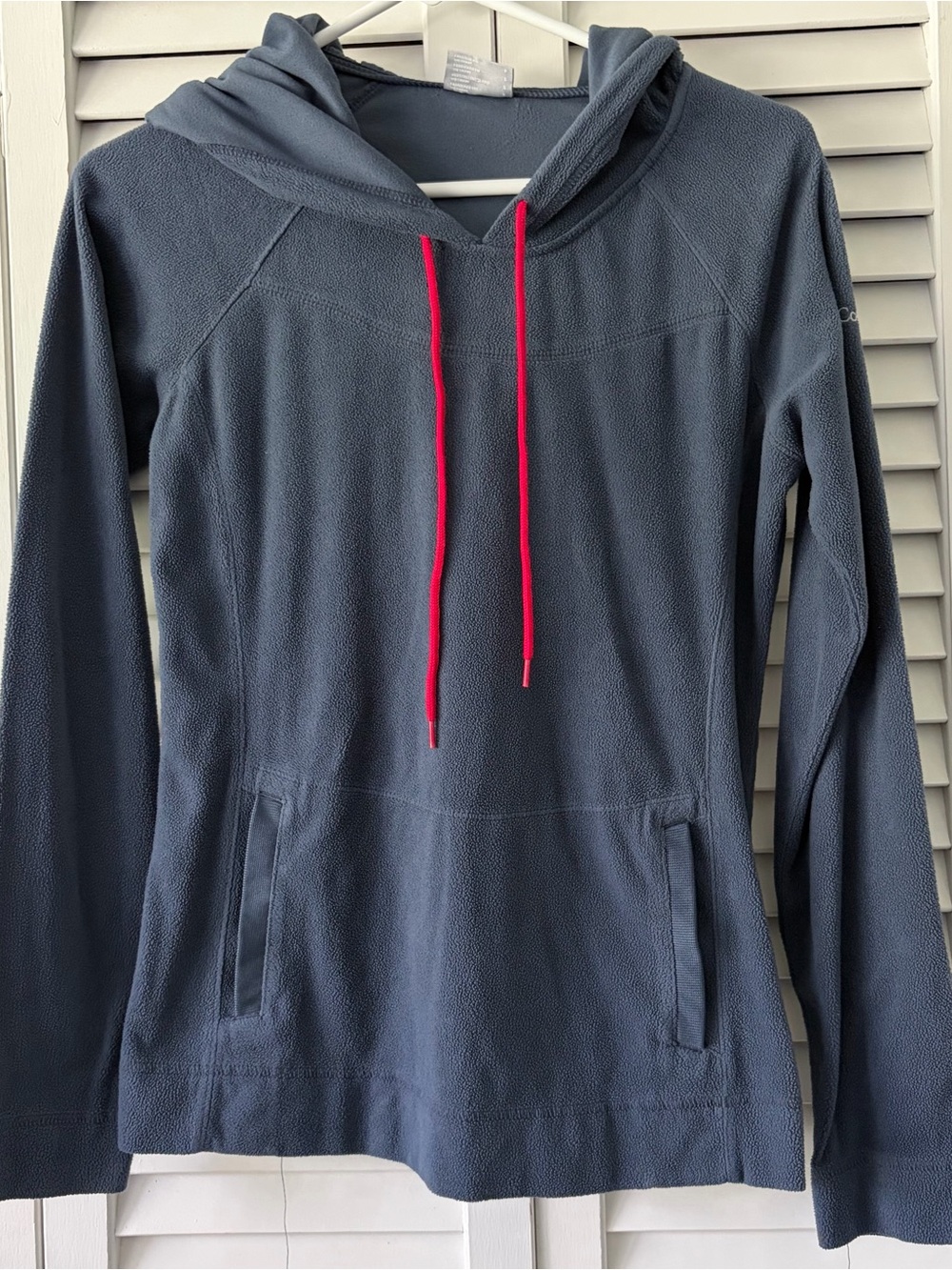 Columbia Women’s Slate Blue Hooded Fleece Pullover with Pink Drawstrings